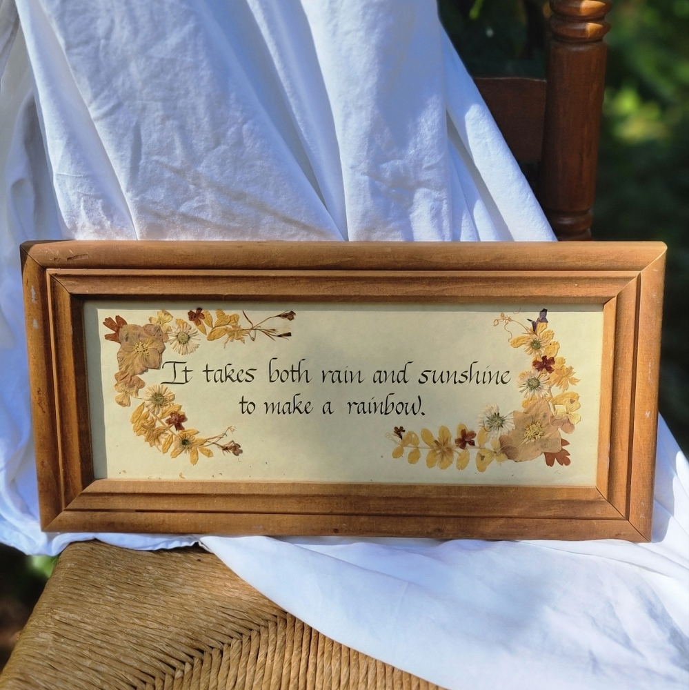 Vintage Handmade Calligraphy Framed Pressed Flowers Inspirational Wall Decor